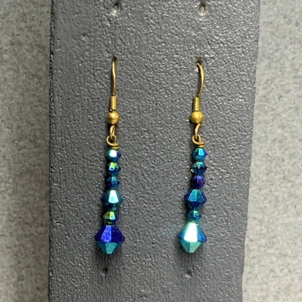 Peacock Dangle Pierced Earrings Gold Turquoise Royal Blue Faceted Bling Glam